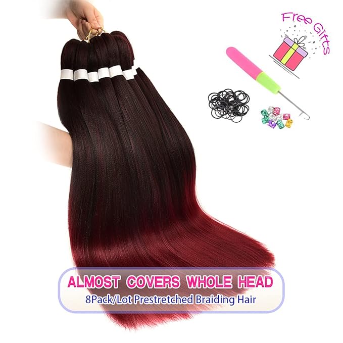 8 Pack Ombre Braiding Hair Pre Stretched - 26" 100G/Pack Premium Pre Stretched Braiding Hair Extensions, Professional Itch Free Hot Water Setting Perm Yaki Texture Prestretched Hair(1Bbug)