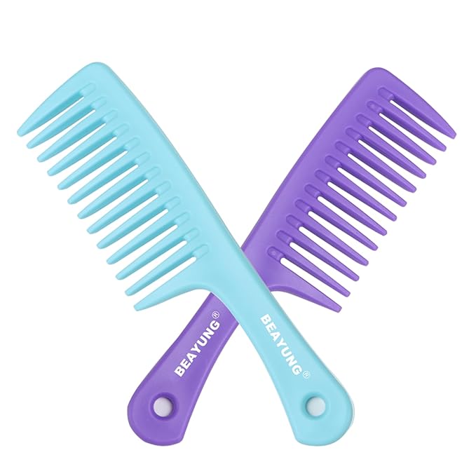 2 PCS Large Wide Tooth Comb, Shower Combs for Women, Curly Hair Brush, Detangling Comb, Hair Styling, Hairdressing Tool (1Purple,1Blue)