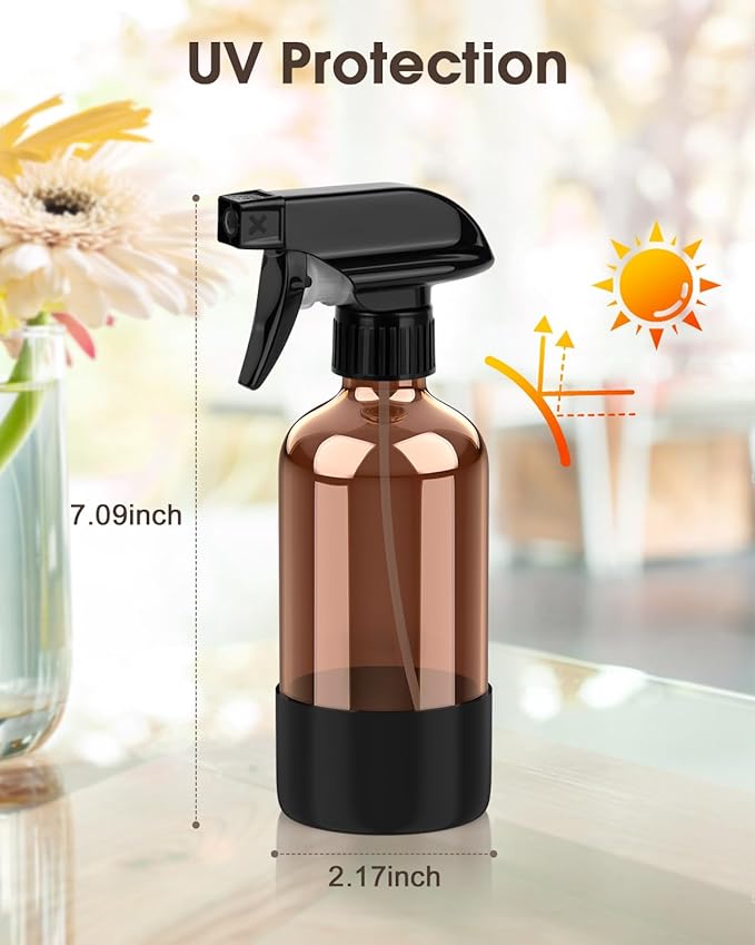 Glass Spray Bottle with Silicone Sleeve Protection, Amber Glass Spray Bottle Set for Window Cleaner Aromatherapy Facial Hydration Watering Flowers Hair Care 2 Pack/8 oz (Black & Orange)