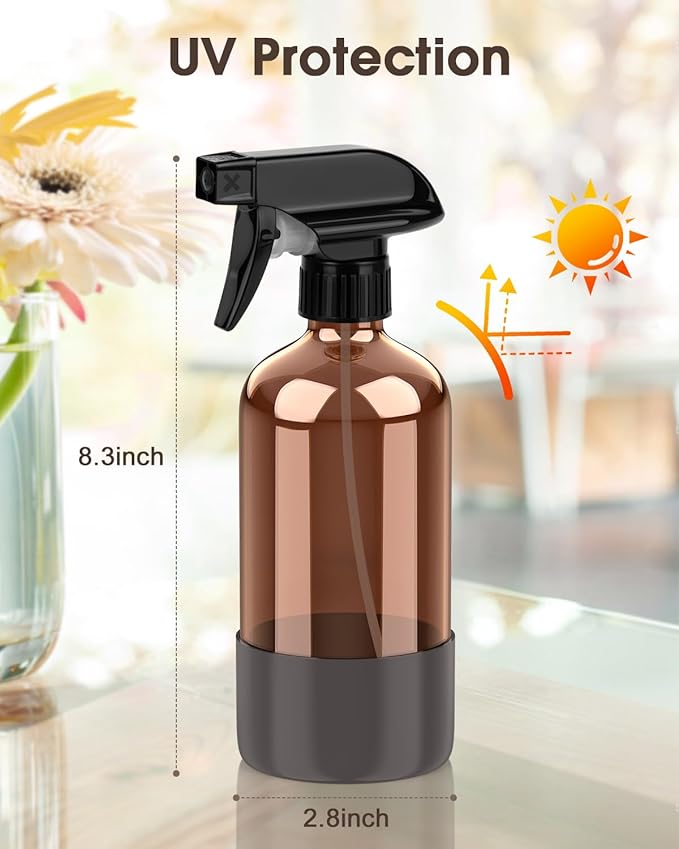 Glass Spray Bottle with Silicone Sleeve Protection, Amber Glass Spray Bottle Set for Window Cleaner Aromatherapy Facial Hydration Watering Flowers Hair Care 2 Pack/16 oz (Black & Grey, 16 oz)