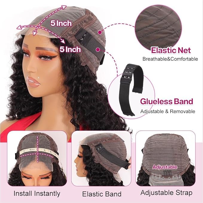 Curly Bob Wig Human Hair Deep Wave 200% Density 5x5 HD Lace Closure Wigs Human Hair Bob Wigs For Black Women Wear And Go Glueless Curly Wig Black Color 18 Inch