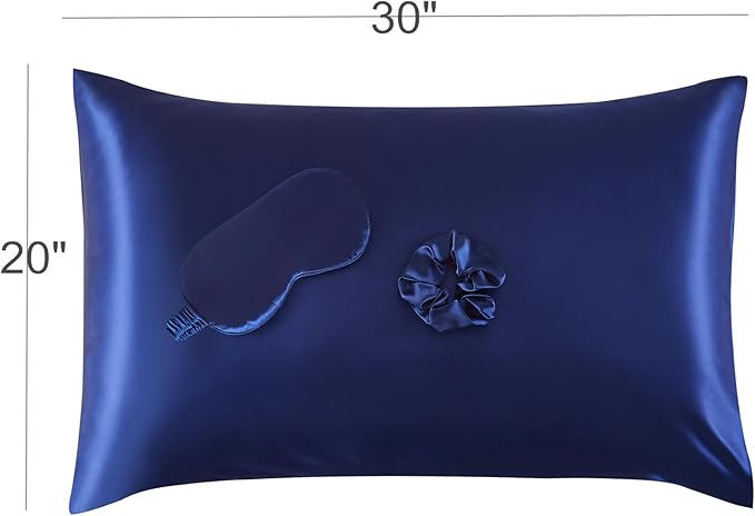 Satin Pillowcase for Hair and Skin, Soft and Cooling Vegan Silk Sleep Set-2 Satin Pillow Cases Queen Size, 1 Eye Mask, 1 Scrunchie, Self Care Essential Satin Night Routine Kit, Navy Blue
