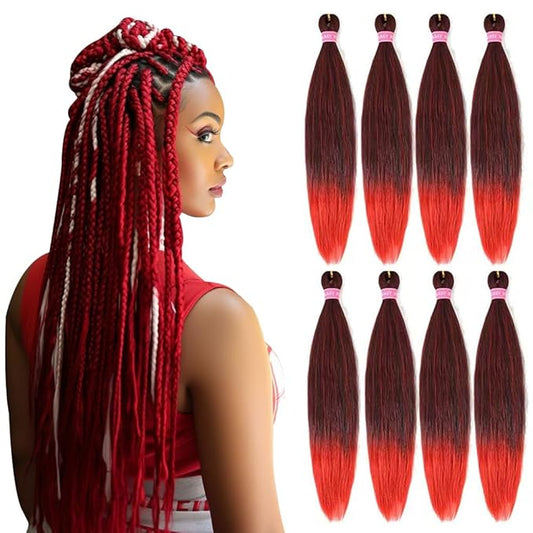 AQINBEL Braiding Hair 26 Inches 8 Bundles/Packs Crochet Twist Pre Stretched Braiding Hair for Braids Yaki Straight Texture Ombre Braiding Hair Extensions for Women(Black/Red)