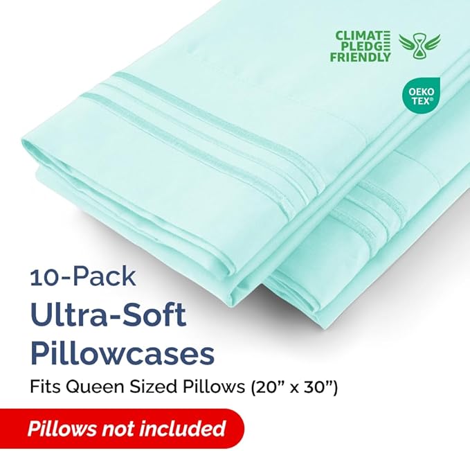 Queen Pillow Cases Set of 10 - Ultra Soft Hotel Quality Pillowcase Covers - Comfy, Cozy & Wrinkle Free - Shrink, Stain and Fade Resistant - Machine Washable Pillow Protectors - 10 Pcs Set - Spa Blue