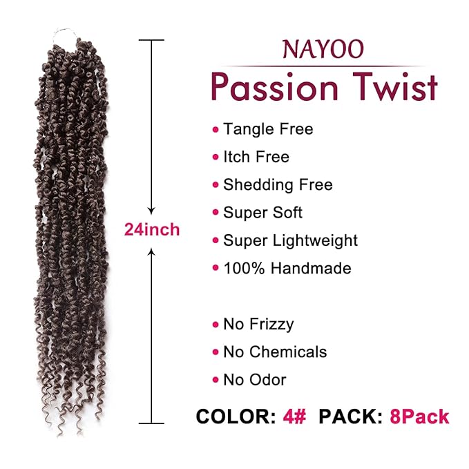 Passion Twist Hair - 8 Packs 24 Inch Passion Twist Crochet Hair For Black Women, Crochet Pretwisted Curly Hair Passion Twists Synthetic Braiding Hair Extensions(24 Inch 8 Packs, #4)