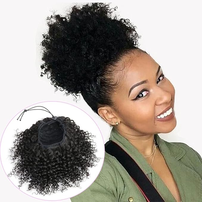 Afro Puff Kinky Curly Drawstring Ponytail Buns Natural Human Hair Pieces for Black Women,Girls,Kids 10 Inch #1B Natural Black