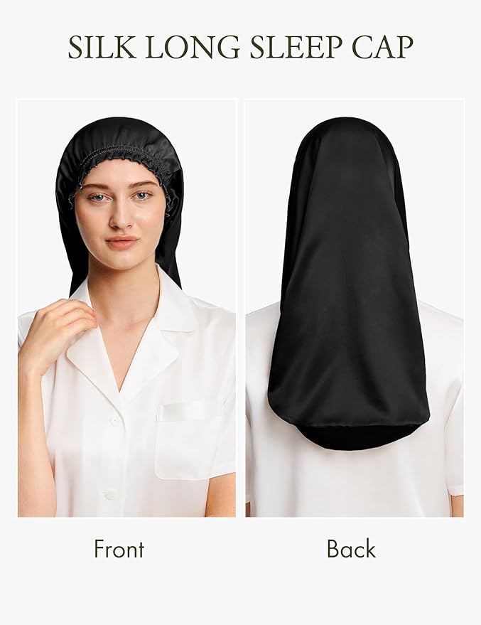 LilySilk Extra Long Silk Bonnet Sleep Cap for Women Soft Adjustable Hair Bonnet for Braids,Curly,Long Hair- Soft Elastic Band, Black
