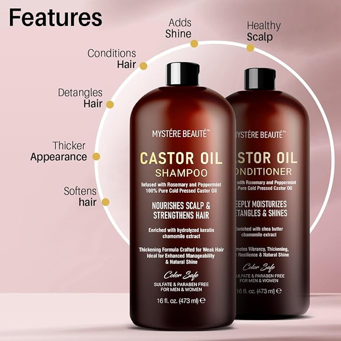 Castor Oil Shampoo and Conditioner - Sulfate Free with Peppermint Oil, Lavender and Rosemary - Castor Oil Shampoo for Hair Growth - Hydrating and Nourishing - 16 oz each