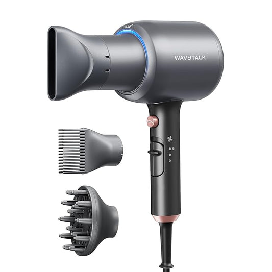 Wavytalk Blow Dryer, Blown Away Ionic Hair Dryer for Curly Hair with Diffuser, 1875W Fast Drying Blow Dryer with Ceramic Technology, 3 Attachments for All Hair Types, Light and Quiet, Grey