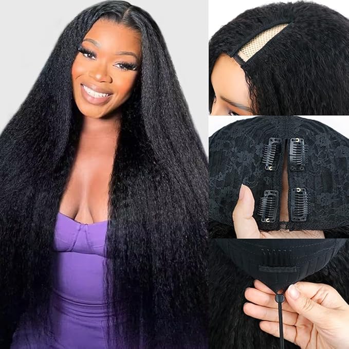 Larhali Kinky Straight V Part Wig Human Hair with Drawstring 200% Density Upgrade Glueless U Part Wig No Leave Out No Sew In V Part Wigs Kinky Straight Human Hair Wigs 26 Inch