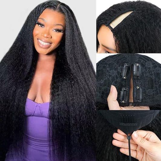 Larhali Kinky Straight V Part Wig Human Hair with Drawstring 200% Density Upgrade Glueless U Part Wig No Leave Out No Sew In V Part Wigs Kinky Straight Human Hair Wigs 26 Inch