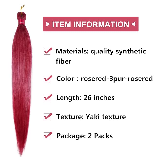 Rose/L.Purple/Rose Braiding Hair Pre Stretched 2 Packs Box Braids Hair Extensions 26 Inches Synthetic Pre Stretched Braiding Hair…