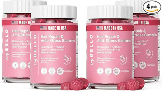 Trybello Anti-Stress & Hair Growth Gummies for Women | Sugar-Free, Vegan Hair Supplements | Gluten-Free, Soy-Free, Dairy-Free Gummy Vitamins for Thicker, Healthier Hair | 120 Servings | 4 Pack Combo