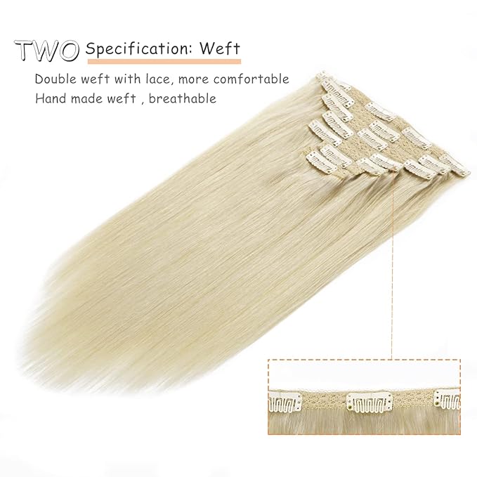 Caliee 16Inch Hair Extensions Human Hair Color 60A Platinum Blonde Silky Straight Clip in Extensions Invisible Double Weft for Women Full Head Seamless Hair Extensions 120G