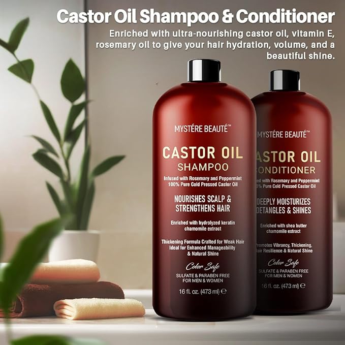 Castor Oil Shampoo and Conditioner - Sulfate Free with Peppermint Oil, Lavender and Rosemary - Castor Oil Shampoo for Hair Growth - Hydrating and Nourishing - 16 oz each
