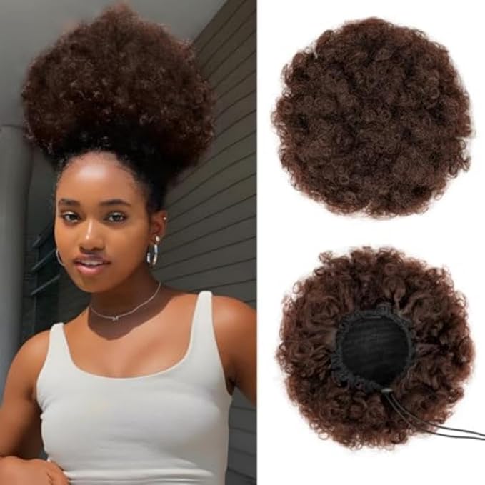 YEAME Afro Puff Drawstring Ponytail for Black Women, Short Kinky Curly Afro Ponytail Synthetic Hair Puffs, Premium Medium Brown Afro Bun Drawstring Ponytail for Women Girls (4 Medium Brown)