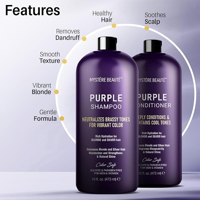 Purple Shampoo and Conditioner Set, For Blonde, Silver, and Gray Hair - Purple Shampoo Conditioner for Men Women, Sulfate Free Anti Yellowing Vibrant Color Protection - 16 fl oz each