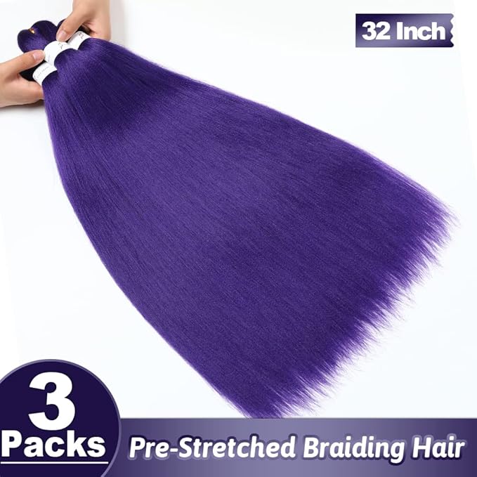 Purple Braiding Hair 32 Inch Pre stretched Braiding Hair Yaki Braids Hot Water Setting Synthetic Hair Colored(32Inch,3 Packs,Purple#)
