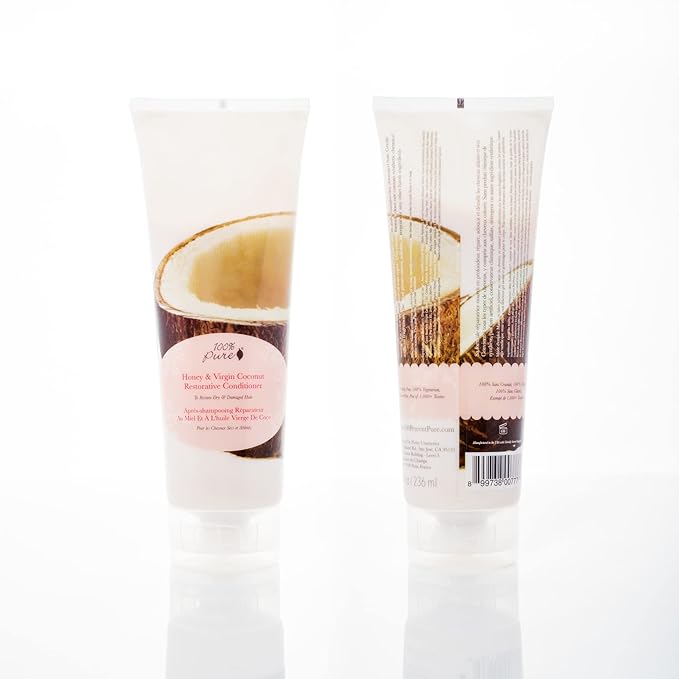 100% PURE Honey & Virgin Coconut Restorative Conditioner Moisturizer & Repair Replenishing Nutrient Boost for Dry Damaged Hair, Promotes Healthy Growth for Women & Men - Sulfate Free - 8 Fl Oz