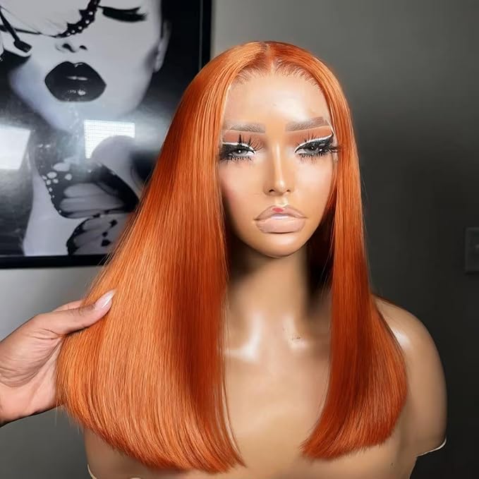 250% Density Ginger Bob Wig Human Hair 13x4 HD Lace Closure Wig Orange Bob Human Hair Wig with Baby Hair Short Straight Bob Colored Wig for Women 14 Inch