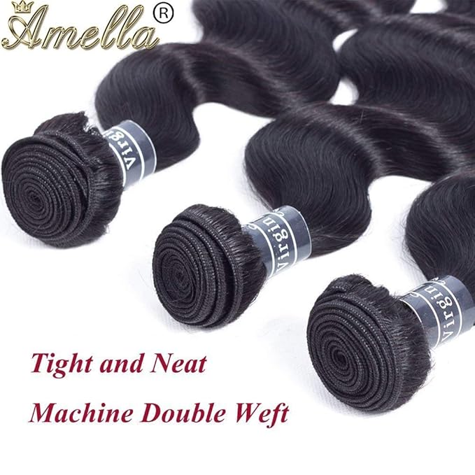 Amella Hair 8A Brazilian Body Wave Virgin Hair 3 Bundles 10 12 14 inch 100% Unprocessed Virgin Human Hair Weave Bundles Natural Black Remy Hair