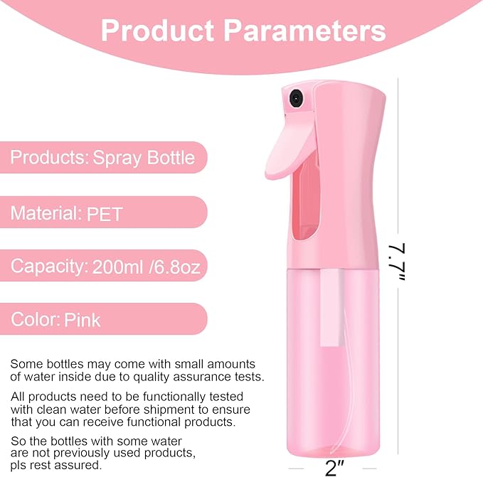 Empty Spray bottles, Continuous Spray Bottle for Hair, Spray Water Bottle Fine Mist Refillable, Skin Care, Showering Pets, Plants, travel, Ironing and Cleaning 6.8 Ounce (1 Pack, Pink)