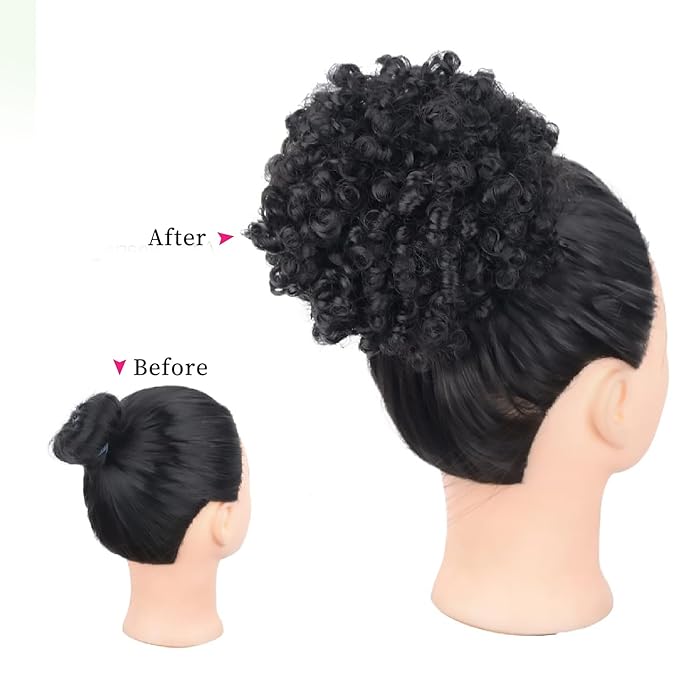 Afro Puff Ponytail for Black Women Culy Wavy Short Drawstring Ponytail Extension Synthetic Hairpieces Mini Afro Bun(1B#)