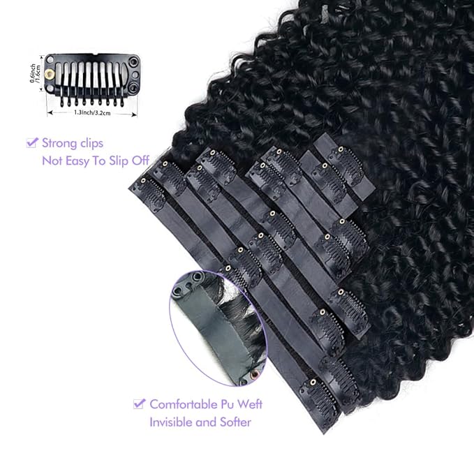Seamless 3C 4A Kinky Curly Clip In Extension PU Weft Curly Clip in Extension Human Hair Clip Ins Full Head for Black Women Brazilian Remy Human Hair Natural Color 8Pcs with18clips 120g/Set (22 inch)