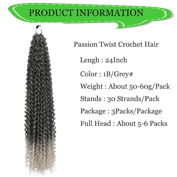 Curly Crochet Hair Extensions Black to Gray Ombre Passion Twist Braids 24Inch Long Curly Braiding Hair 3Packs Springy Crochet Braids Hair Extensions Goddess Box Braids for Black Women(24",1B Gray)