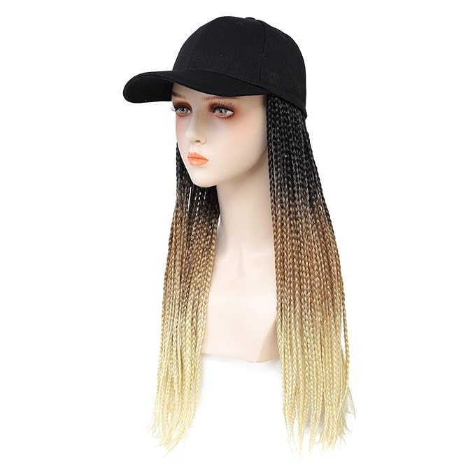 Braided Baseball Cap Wig Box Braid Hair Extensions with Hat Ombre black brown blonde Cap Wig with 18inch Long Synthetic Braiding Hair for Women (18inch 1B/27/613)