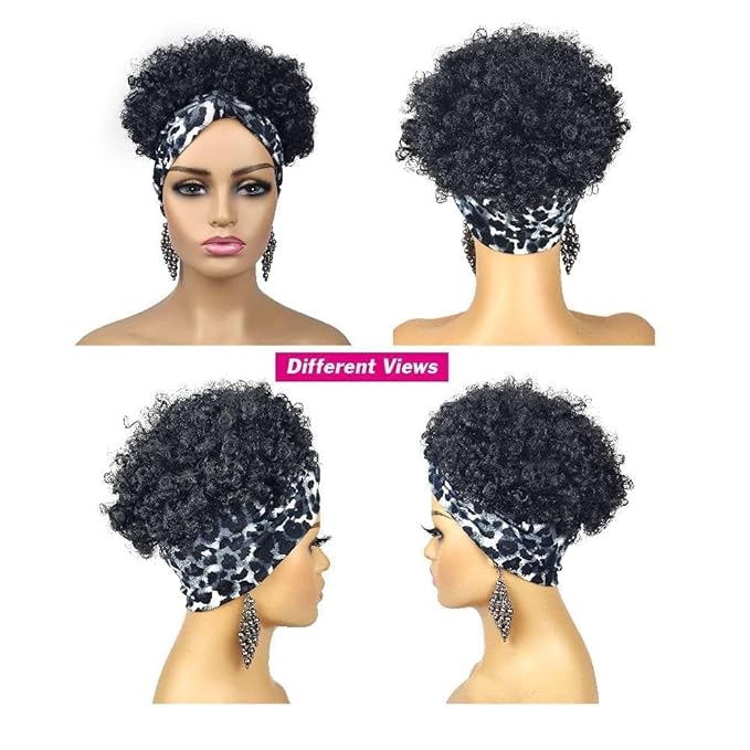 Short Afro Wigs for Black Women Afro Kinky Curly Wigs with Headbands Attached No Drawstring Leopard Short Headband Afro Puff Wigs for Black Women