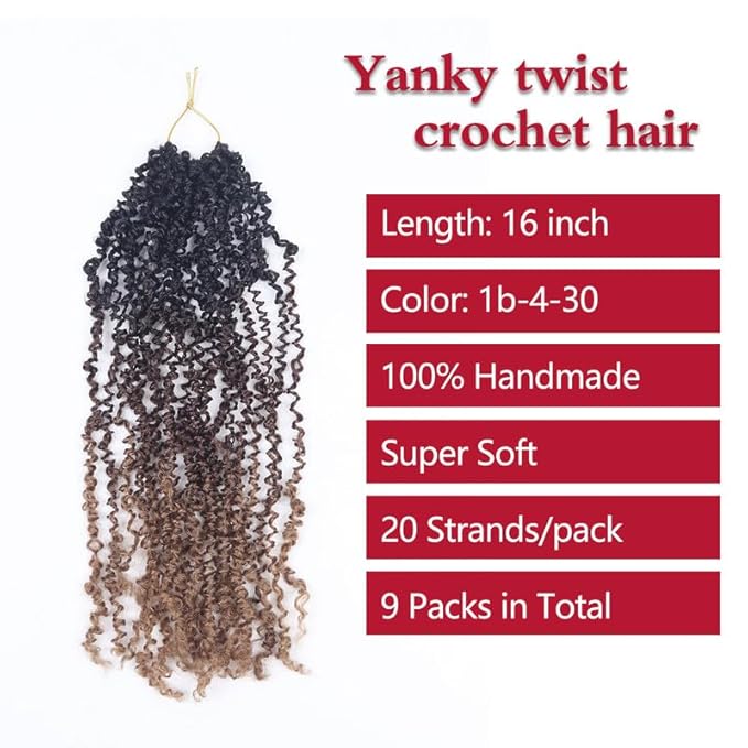 Yanky Twist Crochet Hair, PILLUGER Yaki Twists Hair Micro Spring Twist Braids,9 Packs Pre-looped passion Twist Brown Senegalese With Curls Crochet Synthetic Hair Extensions（16-1B-4-30）