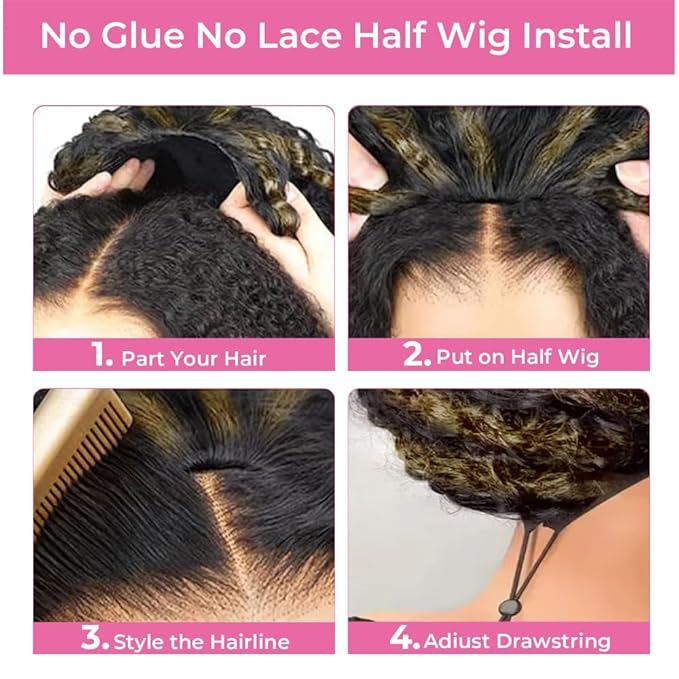 Kinky Curly Half Wig Human Hair 200% Density Wear Go Glueless Wigs Human Hair 16 Inch Curly 3 In 1 Half Wigs for Women 1B/27 Honey Blonde Wig Drawstring Seamless Flip Headband Wig Beginner Friendly