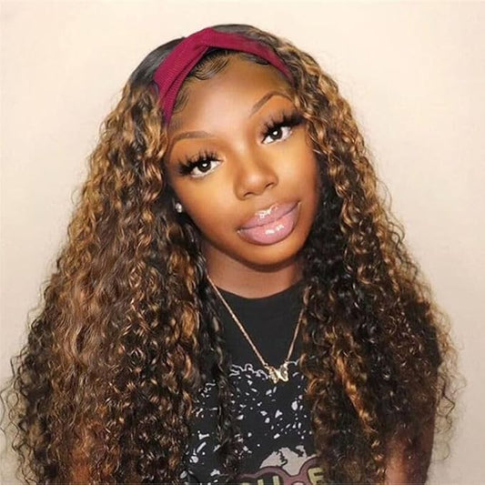 SENSAIRUITE Highlight Ombre Curly Wig Honey Blonde Headband Wig Human Hair 16 Inch Deep Wave 180% Density Glueless Headband Wigs for Black Women
