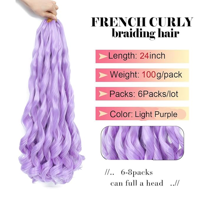Purple French Curl Braiding Hair 24 Inch Soft Braiding Hair Pre Stretched Loose Wave Bouncy 100g/pack Yaki Hair for Black Women Hair Extensions for Braids(Light Purple 24 Inch)