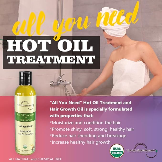 Earth's Enrichments Hot Oil Treatment for Dry, Damaged Hair, Hair Growth Serum, Moisturizes, Hydrates, Reduce Shedding and Breakage, USDA Organic, 8oz
