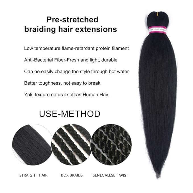 Dorsanee Natural Black Braiding Hair Pre Stretched 20 Inch 6 Packs Braiding Hair Extensions for Crochet Box Braids Twists Locs Hair Itch Free Soft Yaki Texture Hot Water Setting (20inch,#1B)