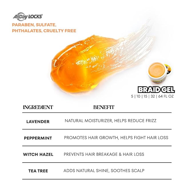 AllDay Locks Braid Gel (5 oz) | Extreme Hold, High Shine | Frizz & Flake-Free Edge Control | Tea Tree, Lavender, Peppermint Oil | Slick & Style Braids, Locks, Twists, Cornrows | 5 oz