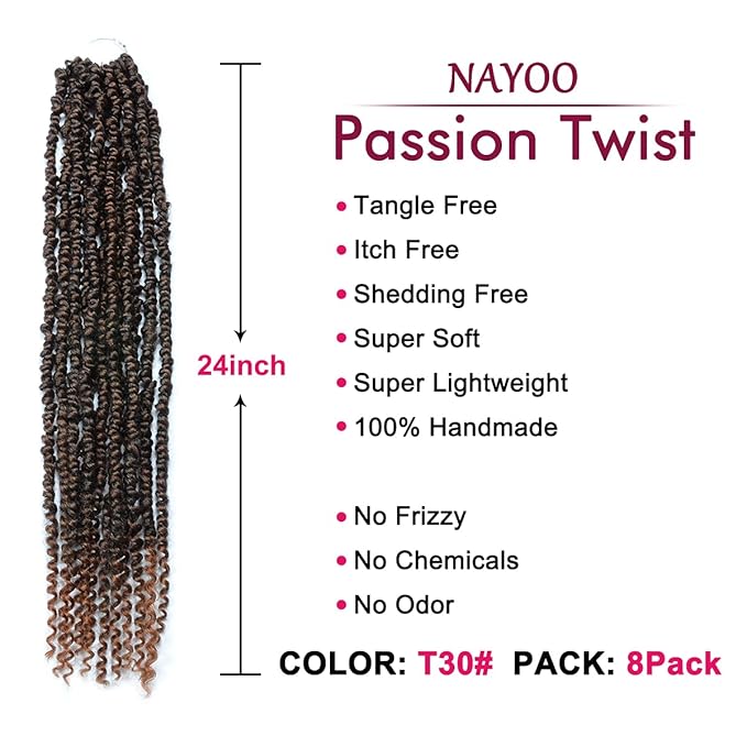Passion Twist Hair - 8 Packs 24 Inch Passion Twist Crochet Hair For Black Women, Crochet Pretwisted Curly Hair Passion Twists Synthetic Braiding Hair Extensions(24 Inch 8 Packs, T30)