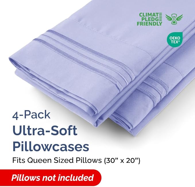 Queen Pillow Cases Set of 4 - Ultra Soft Hotel Quality Pillowcase Covers - Comfy, Cozy & Wrinkle Free - Shrinkage, Stain & Fade Resistant - Machine Washable Pillow Protectors - 4 Piece Set - Lavender