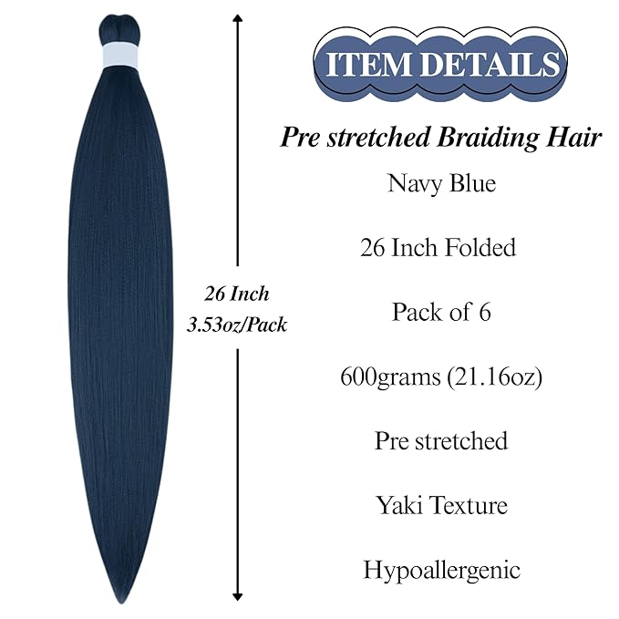 Navy Blue Braiding Hair Pre stretched Hypoallergenic Blue Braiding Hair Extensions for Knotless Braids Prestretched Yaki Texture（Packs of 6,26",21 OZ）