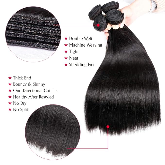 Straight 3 Bundles with Closure Virgin Hair Free Part (14 16 18 with 14inch), 100% Unprocessed Remy Brazilian Human Hair Extensions, Hair Weft Weave With Lace Closure, Natural Color