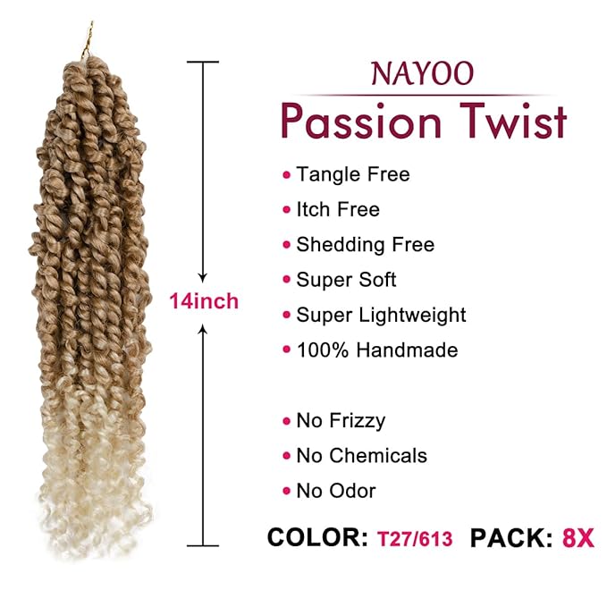 Passion Twist Hair - 8X 14 Inch Passion Twist Crochet Hair For Women, Crochet Pretwisted Curly Hair Passion Twists Synthetic Braiding Hair Extensions (14 Inch, T27/613)