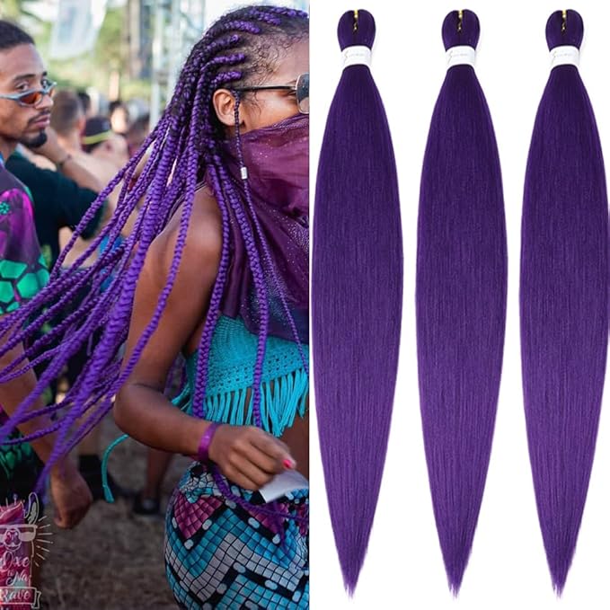 Purple Braiding Hair 32 Inch Pre stretched Braiding Hair Yaki Braids Hot Water Setting Synthetic Hair Colored(32Inch,3 Packs,Purple#)