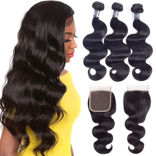 Amella Hair 8A Body Wave Bundles with Closure (22 24 26+22) 100% Human Hair Bundles with Closure Brazilian Virgin Body Wave Human Hair Weave Bundles with 4x4 Lace Closure Free Part