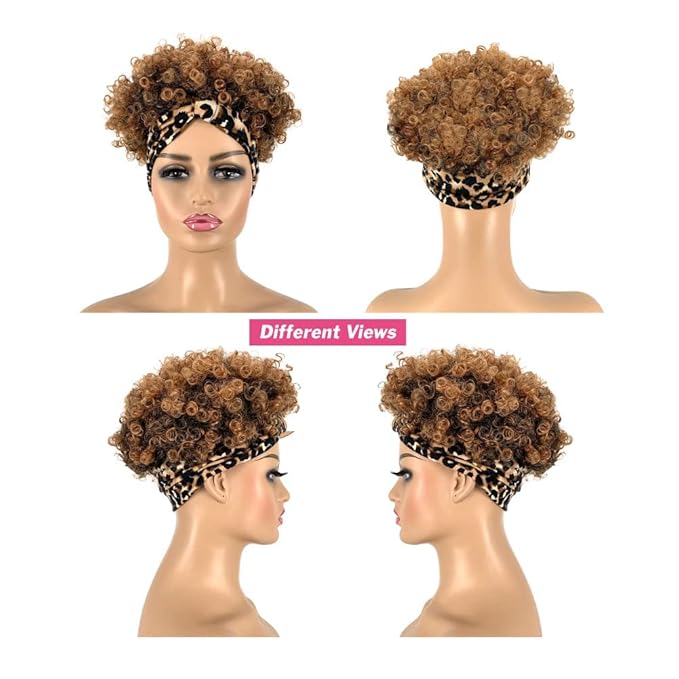 Short Curly Wigs with Headbands Attached for Black Women Synthitic Kinky Curly Afro Puff No Drawstring Ponytail Wig Headwrap Hairstyles With 2 Clips(T1B/30)
