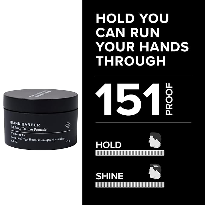 Blind Barber 151 Proof Deluxe Hair Pomade for Men - Water Based Pomade with Hops & Tonka Bean - Heavy Hold & High Shine Finish - Free of Parabens and Sulfates (2.5 oz)