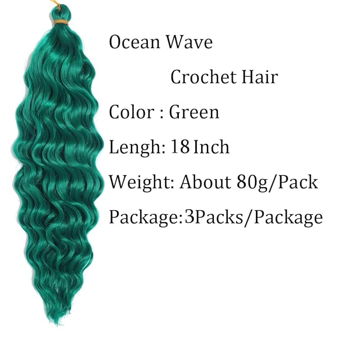 18 inch Ocean Wave Crochet Hair Deep Wave Twist Hair Extensions Curly Braiding Hair 3 packs Long Braids For Women (18 inch, Green)