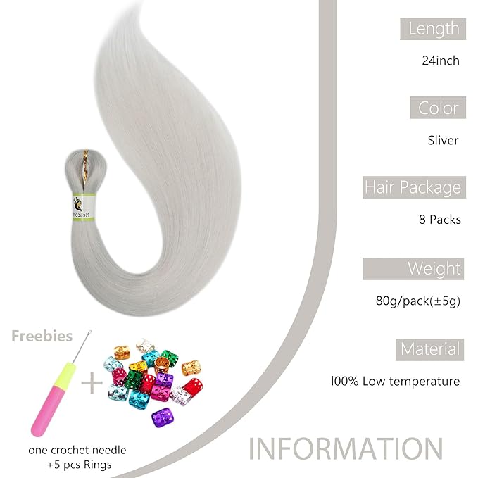 Sliver Braiding Hair Pre Stretched 24Inch 8 Packs, professional Pre Stretched Braiding Hair Extensions and rebundle braiding hair