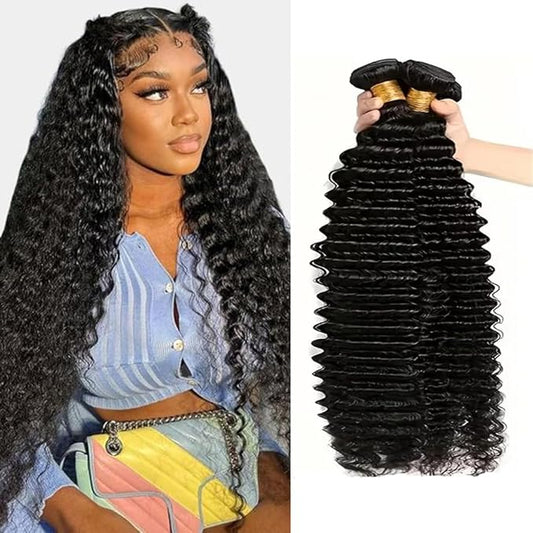 12A Human Hair Bundles Deep Wave 100% Unprocessed Brazilian Virgin Hair 4 Bundles Deep Curly Human Hair Extensions Quick Weave Human Hair (4 Bundlles Natural black, 14 16 18 20 Inch)